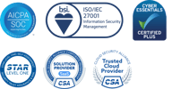 ISO 27001, SOC 2 and Cyber Essentials Plus certification badges