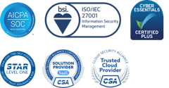 ISO 27001, SOC 2 and Cyber Essentials Plus certification badges