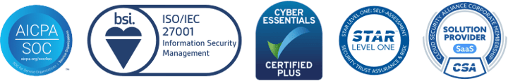 ISO 27001, SOC 2 and Cyber Essentials Plus certification badges