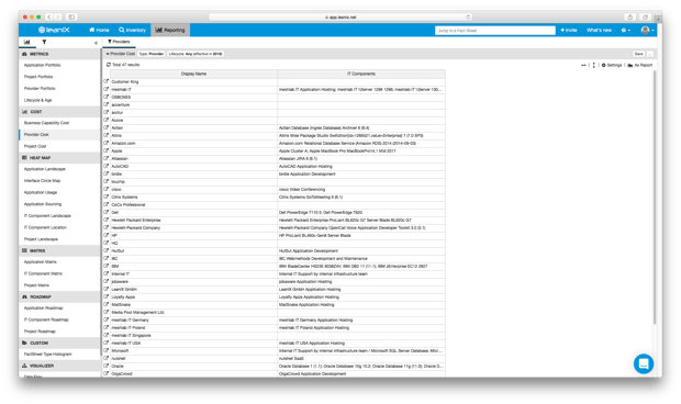 A LeanIX Provider Cost report shown as a table. 