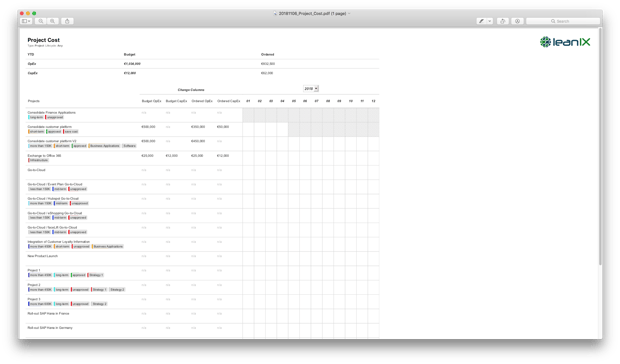 A PDF report of a Project Cost Report as generated from LeanIX. 