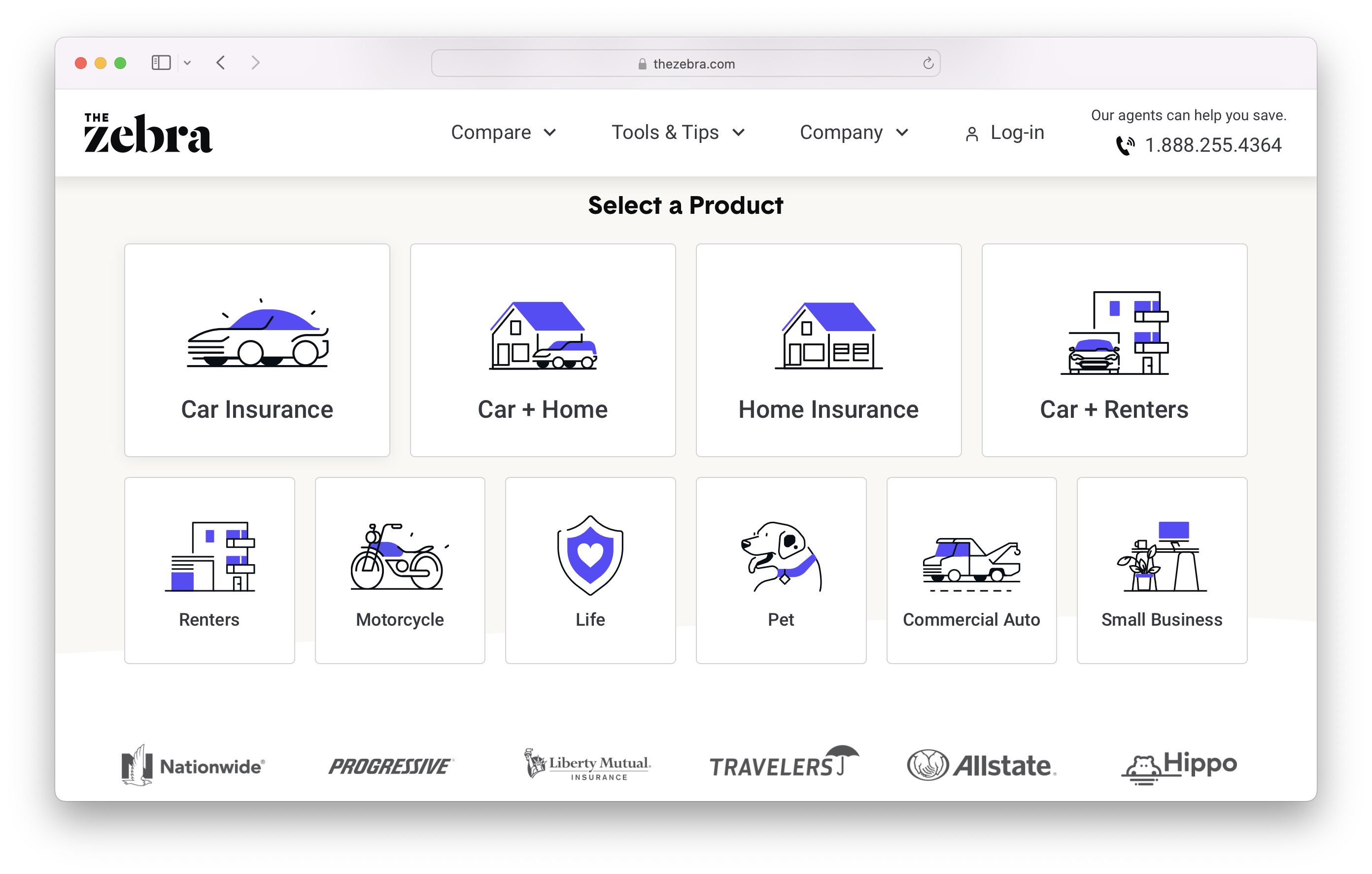 Insurance agencies included on The Zebra platform, as listed on their homepage.