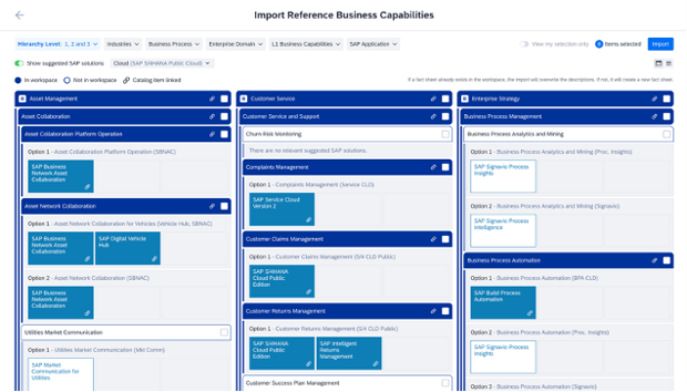Explore built-in Business Capability Maps and explore suggested SAP Solutions