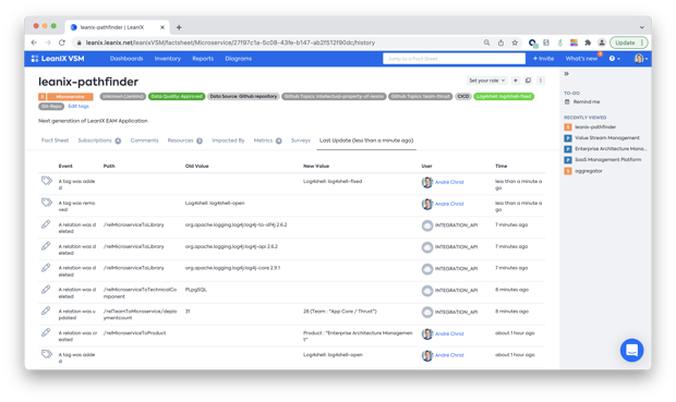 Screenshot LeanIX VSM: Monitor Updates